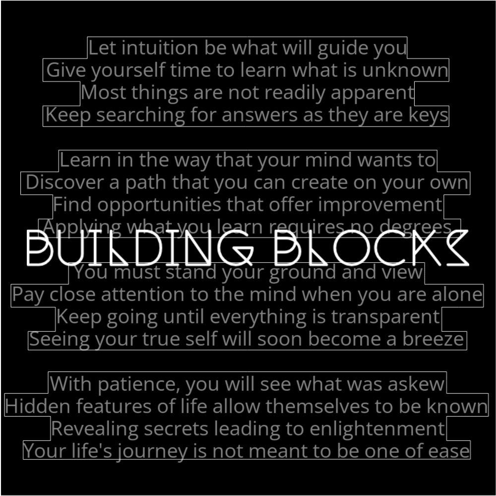A poem resembling stacked blocks that reads as follows: Let intuition be what will guide you Give yourself time to learn what is unknown Most things are not readily apparent Keep searching for answers as they are keys Learn in the way that your mind wants to Discover a path that you can create on your own Find opportunities that offer improvement Applying what you learn requires no degrees You must stand your ground and view Pay close attention to the mind when you are alone Keep going until everything is transparent Seeing your true self will soon become a breeze With patience, you will see what was askew Hidden features of life allow themselves to be known Revealing secrets leading to enlightenment Your life's journey is not meant to be one of ease The words "Building Blocks" are written in a geometric font on top of the outlined words.