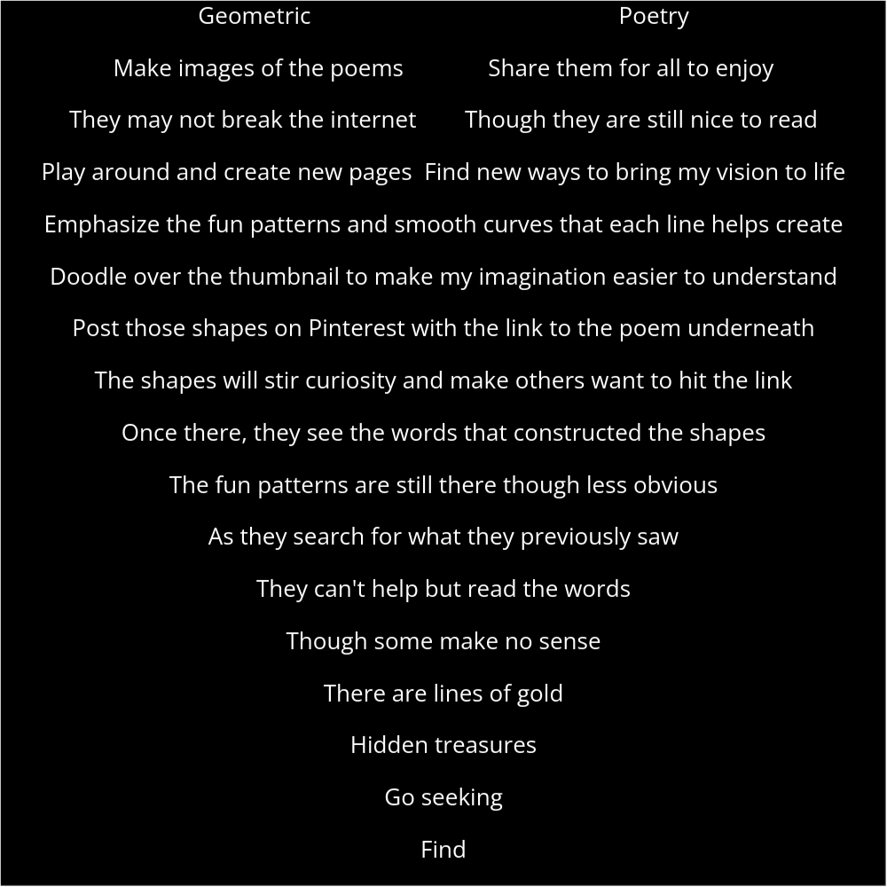 A poem in the shape of a heart that reads as follows: Geometric Poetry Make images of the poems Share them for all to enjoy They may not break the internet Though they are still nice to read Play around and create new pages Find ways to bring my vision to life Emphasize the fun patterns and smooth curves that each line helps create Doodle over the thumbnail to make my imagination easier to understand Post those shapes on Pinterest with the link to the poem underneath The shapes will stir curiosity and make others want to hit the link Once there, they see the words that constructed the shapes The fun patterns are still there though less obvious As they search for what they previously saw They can't help but read the words Though some make no sense There are lines of gold Hidden treasures Go seeking Find