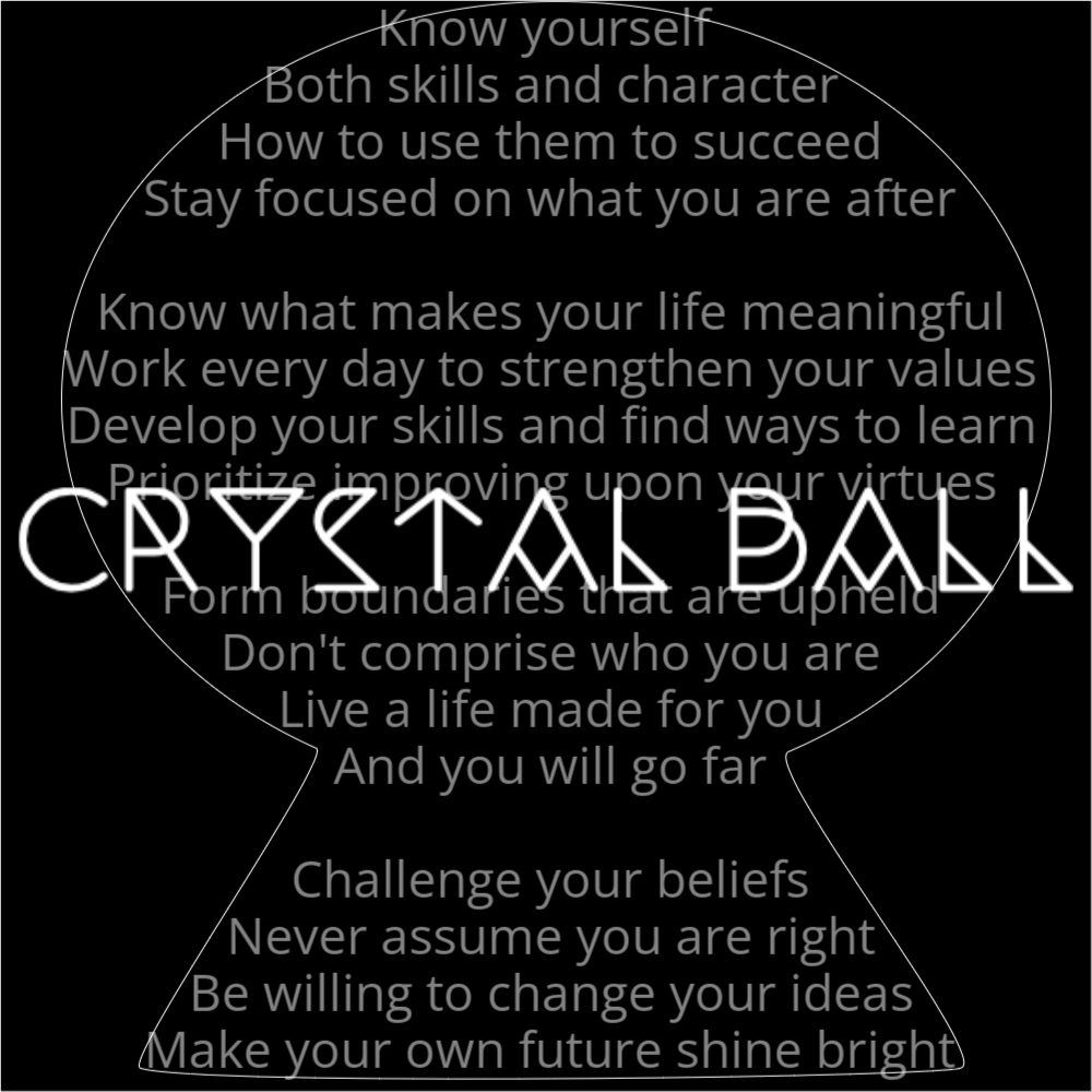 A poem in the shape of a crystal ball that reads as follows: Know yourself Both skills and character How to use them to succeed Stay focused on what you are after Know what makes your life meaningful Work every day to strengthen your values Develop your skills and find ways to learn Prioritize improving upon your virtues Form boundaries that are upheld Don't comprise who you are Live a life made for you And you will go far Challenge your beliefs Never assume you are right Be willing to change your ideas Make your own future shine bright The words "Crystal Ball" are written in a geometric font on top of the outlined poem.
