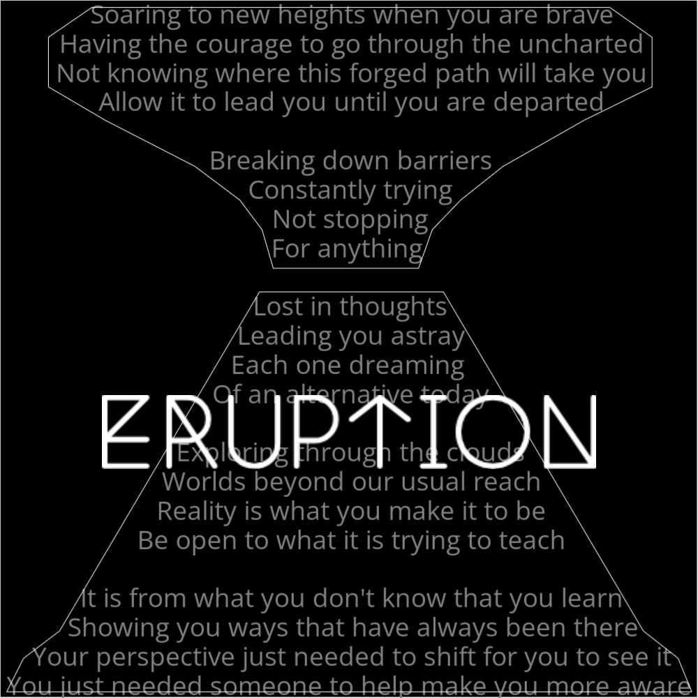 A poem in the shape of a volcano eruption. It reads as follows: Soaring to new heights when you are brave Having the courage to go through the uncharted Not knowing where this forged path will take you Allow it to lead you until you are departed Breaking down barriers Constantly trying Not stopping For anything Lost in thoughts Leading you astray Each one dreaming Of an alternative today Exploring through the clouds Worlds beyond our usual reach Reality is what you make it to be Be open to what it is trying to teach It is from what you don't know that you learn Showing you ways that have always been there Your perspective just needed to shift for you to see it You just needed someone to help make you more aware The word "Eruption" is written in a geometric font on top of the outlined words.