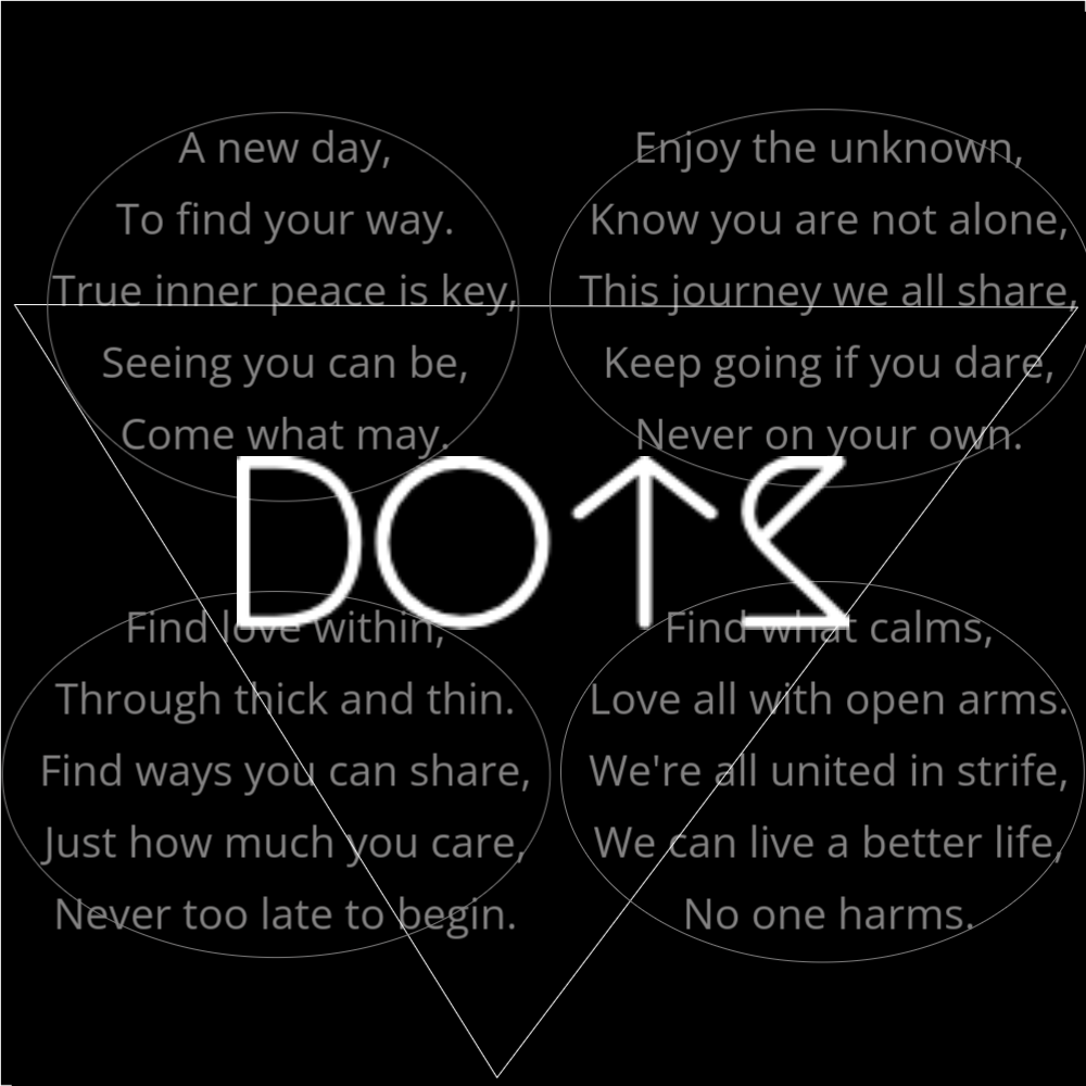 A poem in the shape of four dots that reads as follows: A new day, To find your way. True inner peace is key, Seeing you can be, Come what may. Enjoy the unknown, Know you are not alone, This journey we all share, Keep going if you dare, Never on your own. Find love within, Through thick and thin. Find ways you can share, Just how much you care, Never too late to begin. Find what calms, Love all with open arms. We're all united in strife, We can live a better life, No one harms. The outline of a triangle connects the four dots, and the word "Dots" is written in a geometric font on top of the outlined poem.